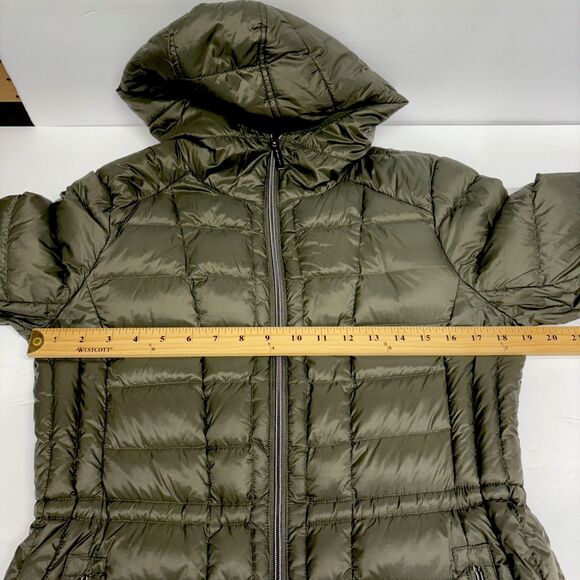 Michael Kors Womens Packable Hooded Down PufferJacket Size M Olive Logo Back Zip - Picture 13 of 16